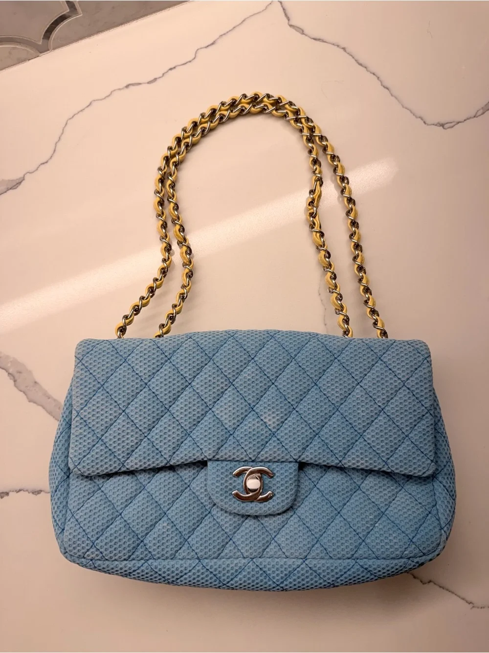 CHANEL Blue Quilted Perforated Jersey Shoulder Bag with  Chain